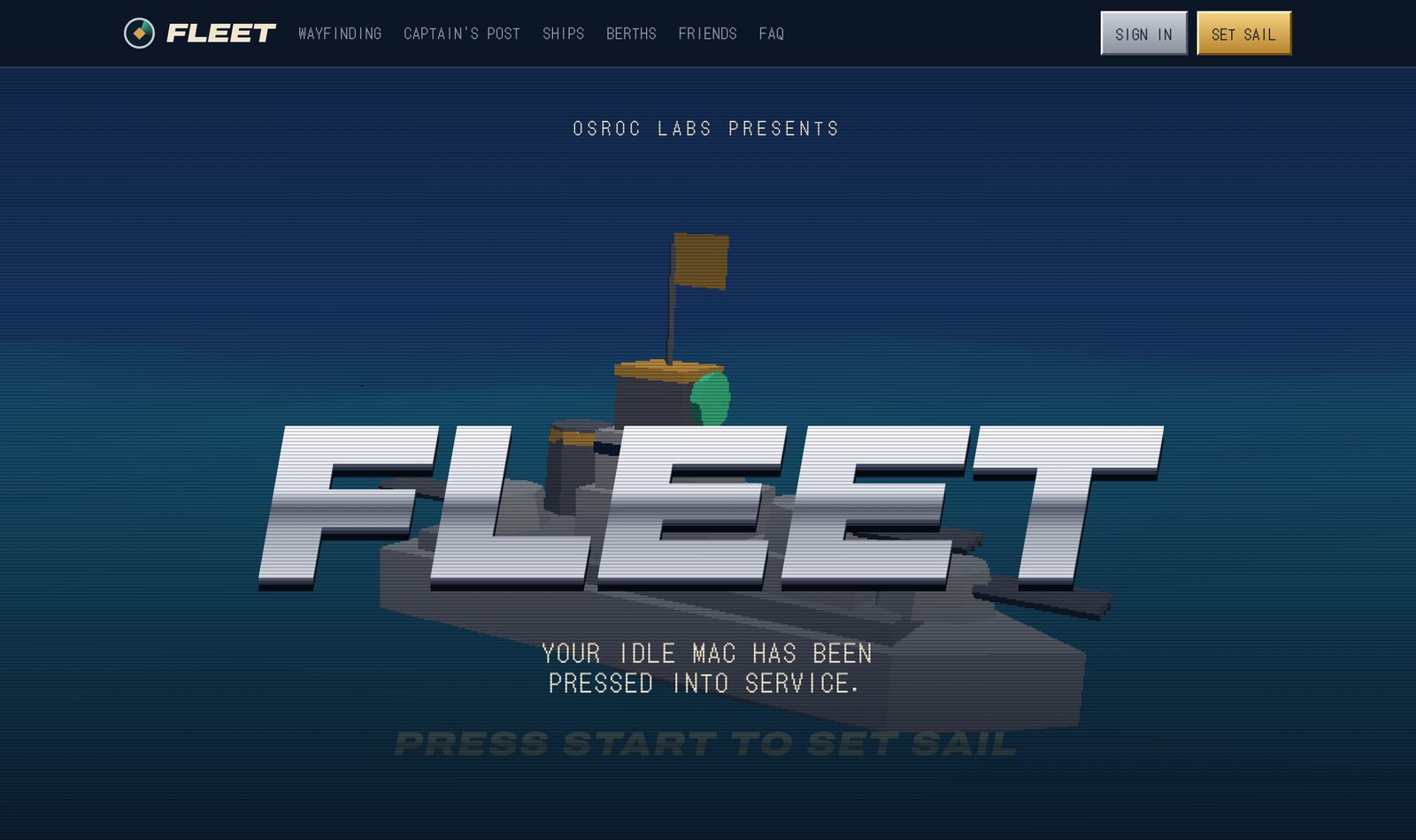 Fleet title screen: a low-poly battleship, your idle Mac has been pressed into service
