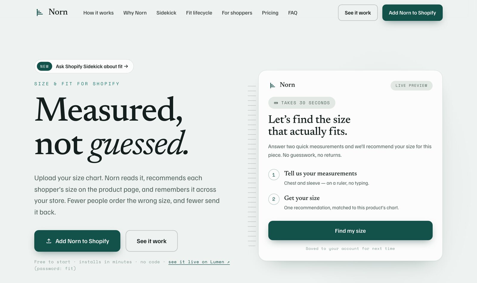 Norn's site: Measured, not guessed, beside a live fit-quiz preview