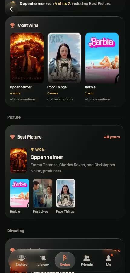 Saga awards page: Oppenheimer won 4 of its 7, including Best Picture