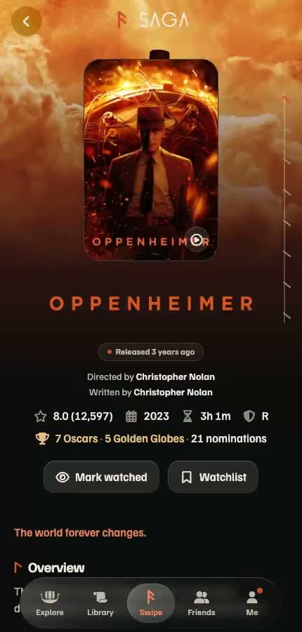Saga title page for Oppenheimer with awards, ratings and watchlist