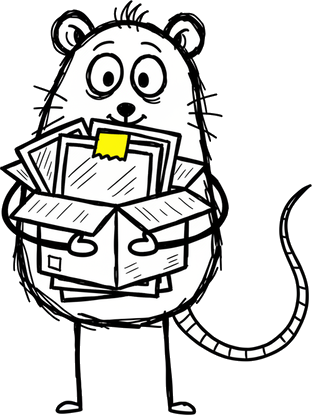 Keepers, the too much stuf mascot, holding a box of stuff